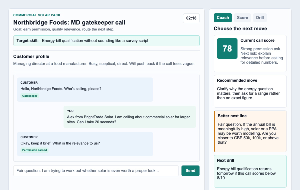 Product preview showing a contractor sales roleplay transcript, live coach panel, score, and next drill.
